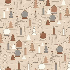 Christmas Tree Pattern Vector. Seamless Christmas Tree Pattern with Snow globe and Candle. Cozy winter seamless pattern Background.