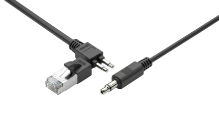 Professional black cable assembly featuring RJ45 network connector and stereo 3.5mm audio jack isolated PNG with Transparent Background