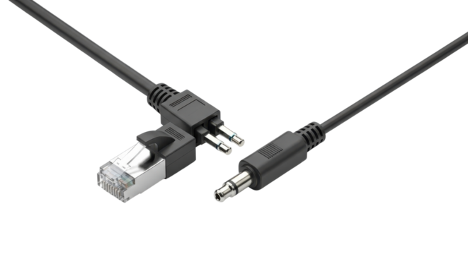 Professional black cable assembly featuring RJ45 network connector and stereo 3.5mm audio jack isolated PNG with Transparent Background