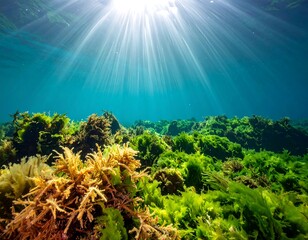 Sunbeams streaming through ocean water illuminating vibrant marine vegetation