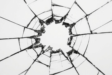 Fototapeta premium High contrast black and white close-up of shattered glass with sharp, irregular radial cracks and jagged edges, abstract texture of destruction, fragility, and breakage on pure white background.