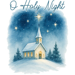 O Holy Night - Christian Watercolor Christmas, Religious Holiday illustration, Faith Church Watercolor Art, Nativity Scene Illustration, Jesus Birth Clipart
