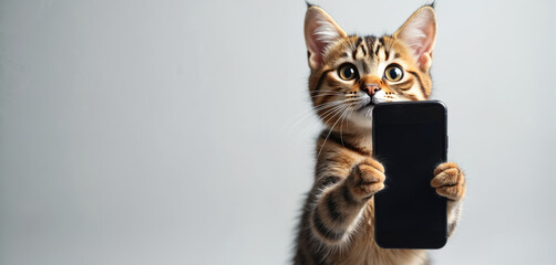 Tabby kitten holds smartphone displaying blank screen. Feline advertises a mobile device. Cute animal promotes tech sale. Check out this new gadget.