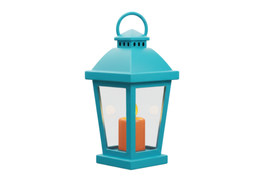 Isolated antique lantern with a lit candle against a clean backdrop in bright color scheme
