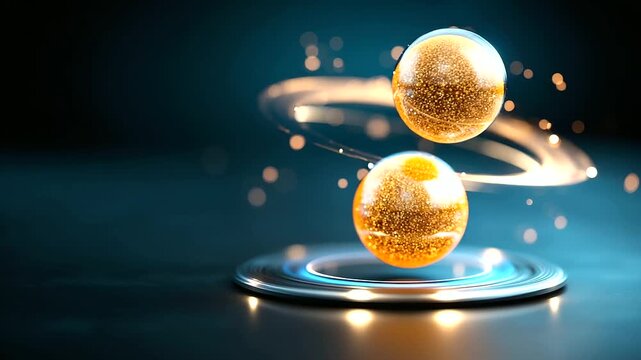 Physics concept with levitating spheres orbiting around each other, under soft studio light, highlighting scientific motion and futuristic design, serene conceptual scene, calm orb