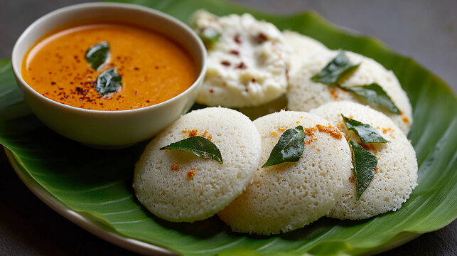 Idli sambar served in banana leaf 