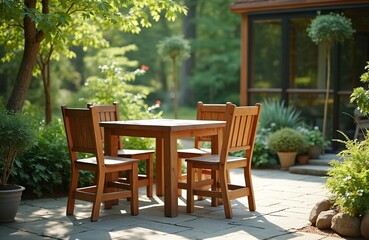 Fototapeta premium Wooden garden table and chairs set on stone patio. Outdoor seating area near rich green trees and plants. Comfortable place for relaxation and dining.