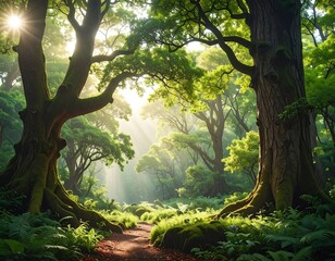 Sunlight streams through ancient trees in a vibrant, lush forest scene