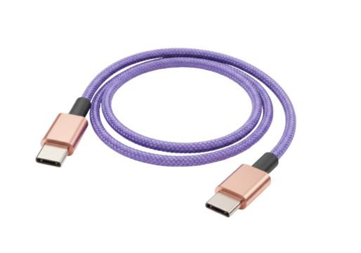 Isolated USB-C cable, copper connectors, braided purple cord, power transfer, data transfer, charge