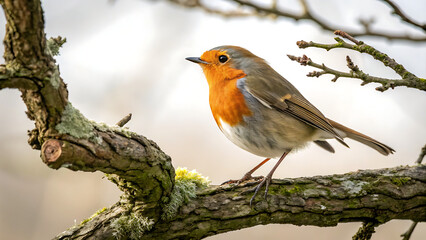 European robin perched on a mossy branch closeup of a robin redbreast sitting on a tree branch in winter wildlife photography of a bird in its natural habitat
