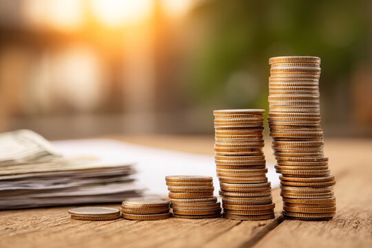 Neat stacks of coins on wood, representing steady financial growth, savings.