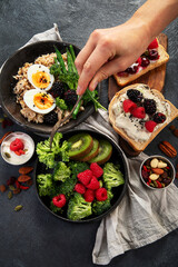 Breakfast superfoods, vegetarian food concept. Healthy lifestyle.