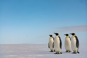 Obraz premium Group of emperor penguins standing on the ice against a clear blue sky representing wildlife and antarctic nature