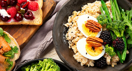 Breakfast superfoods, vegetarian food concept. Healthy lifestyle.