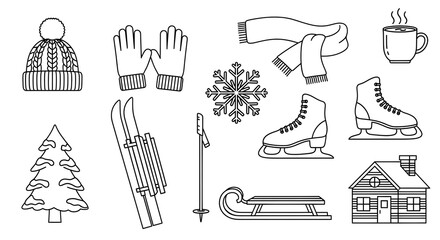 Winter season icons collection hand drawn sketch style