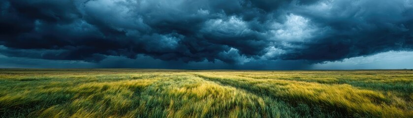 Obraz premium Dark cloudy sky with storm brewing in distance concept. A vast field under dramatic sky captures nature's beauty.