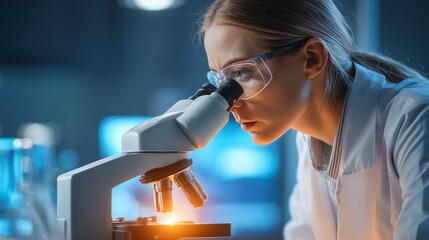 A focused scientist intently examines a sample under a microscope in a modern laboratory setting, highlighting the dedication and precision involved in scientific research and discovery.