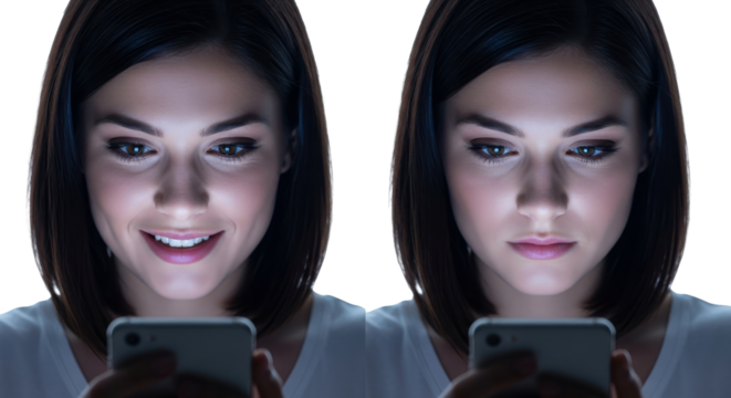 Young woman holding smartphone showing dual emotions: happy smile and serious expression illuminated by screen light. isolated PNG with Transparent Background