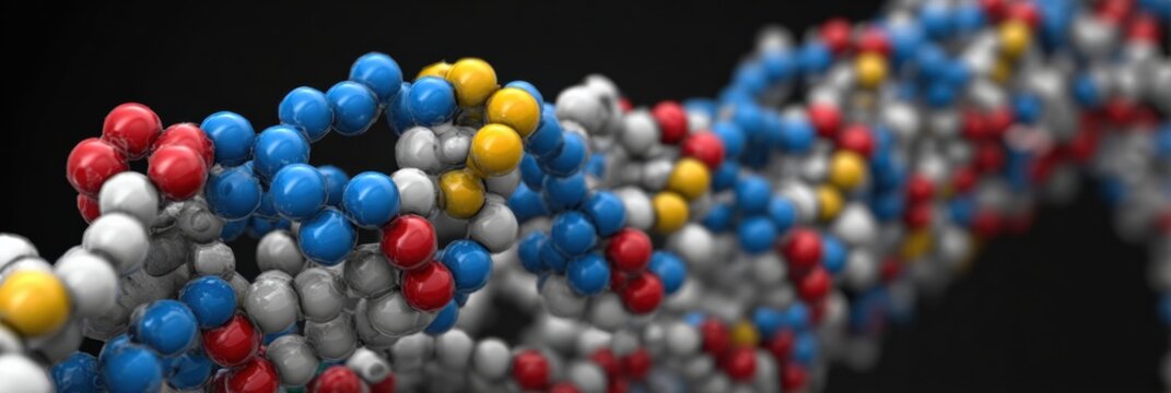 Close-up view of a DNA helix showcasing intricate arrangements of colored atoms. The structure highlights genetic materials complexity and beauty.