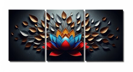 Abstract triptych artwork featuring a vibrant lotus flower with exploding petals