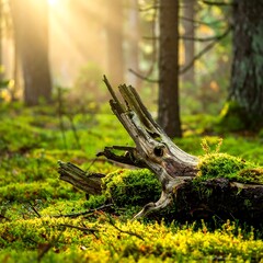 Sunlit forest floor with moss-covered log and tall trees