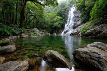 Fototapeta premium Waterfall cascades into a clear pool in a lush green forest