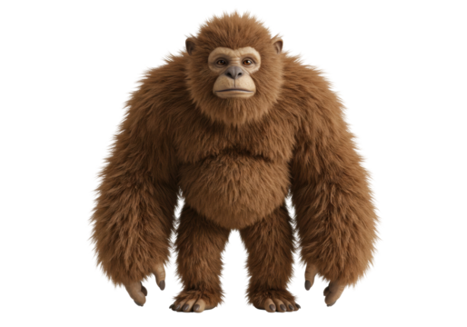 Isolated, furry brown ape standing upright looking forward, primate character concept art