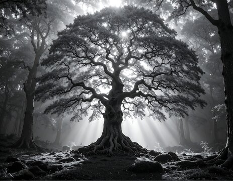 Majestic monochrome forest scene with sun rays illuminating large tree - Powered by Adobe