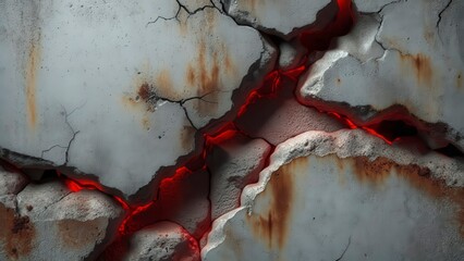 Cracked and weathered concrete wall with glowing red light seeping through rough damaged layers