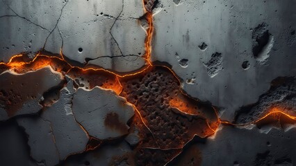 Concrete wall with exposed inner structure glowing red beneath cracked surface evoking a futuristic industrial mood