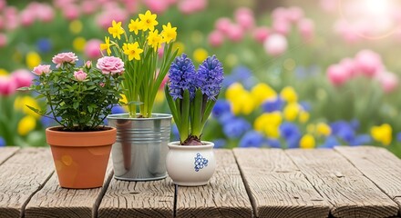 Colorful spring flowers including roses, daffodils, and hyacinths in pots on a wooden deck with a blurry garden background.