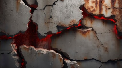 Cracked and weathered concrete wall glowing with red light through deep fissures and textured layers
