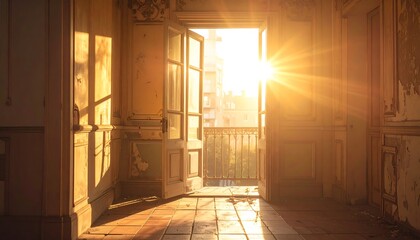 Interior view of an abandoned room with open balcony doors. Sunlight streams in, illuminating the aged walls and tile floor
