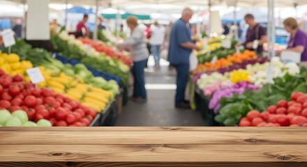 Empty wooden table in the foreground with a blurred background of a bustling outdoor farmers market.