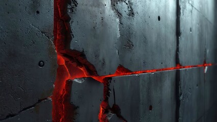 Dark concrete wall with glowing red cracks creating a dramatic industrial atmosphere