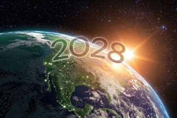 Future Vision of Earth With 2028 Illuminated at Sunrise Over the Horizon