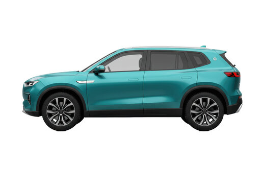Isolated teal mid-size sport utility vehicle, SUV, for sale, advertisement, or informational material