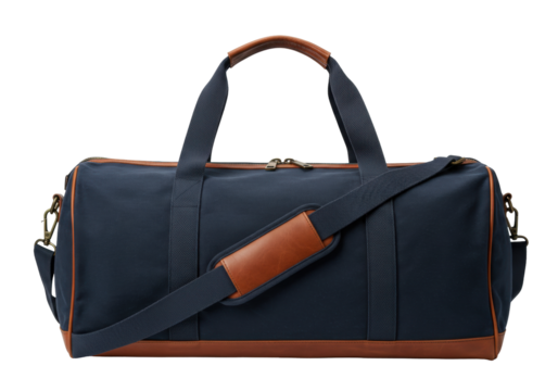 Isolated duffel bag, blue canvas weekend carry-on luggage accessory with leather handles & strap
