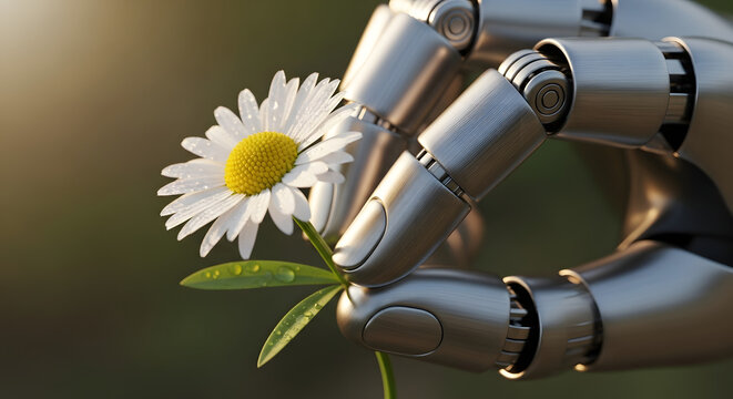 A robotic hand gently holding a daisy flower with a blurred green background in a nature setting - Powered by Adobe