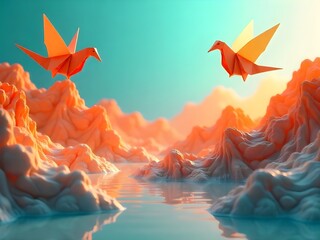 Two vibrant orange origami cranes gracefully soar above a serene reflective river and surreal glowing orange rock formations