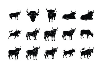 Bull and Cattle Silhouette Icon Set