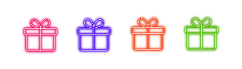Neon glowing gift box vector icons set, present, celebration, holiday, surprise, vibrant colorful digital design illustration on transparent