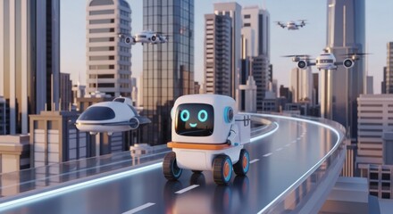 Naklejka premium Cute delivery robot on a futuristic bridge with flying vehicles in cityscape
