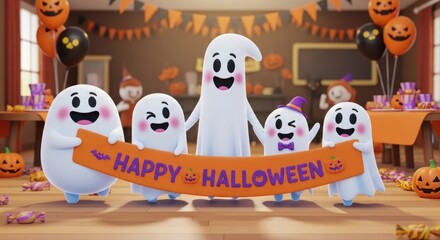 Obraz premium Cute ghosts celebrate Halloween in a decorated room with treats and orange banner