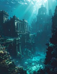 Sunlit underwater ruins of a classical city, teeming with marine life