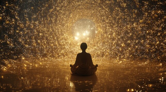 A person is sitting in a room with a lot of light and a lot of stars. The person is in a meditative state