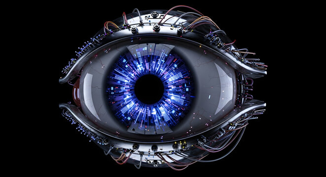 Close up of a robotic eye with intricate wiring and a glowing blue iris on a black background - Powered by Adobe