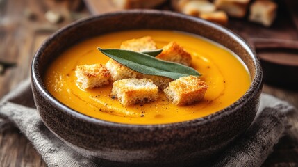 Close-up of a bowl of pumpkin soup with croutons and sage.