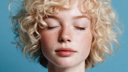 A blonde woman with a messy hairdo and a red nose. She is looking at the camera with a calm expression