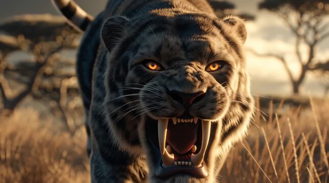 Hyper-realistic animation of a sabertooth tiger roaring mid-pounce, medium shot